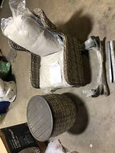 Hampton Bay Cooper Lake Wicker Patio Conversation Chair and Wicker Table No Extra Chair and No Screws  Customer Returns See Pictures