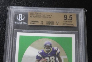 lot 150 image: 2007 Topps Turn Back The Clock  Adrian Peterson #9 Rookie Card BGS 9.5