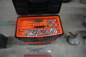 lot 106 image: Black & Decker 2 Section Stacked Tool Box With Assorted Sockets and Socket Holders
