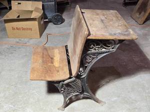 lot 18 image: School Bench with Back Desk and Cast Decorative Cast Iron Framework