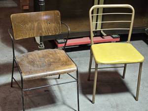 lot 33 image: Vintage Pair of Industrial School Chairs  Wood and Metal Construction