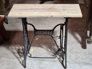 lot 46 image: Antique Singer Treadle Sewing Machine Base with Reclaimed Wood Top