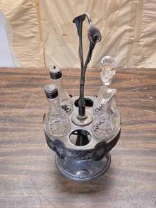 lot 88 image: Victorian Silverplate Cruet Set with Etched Glass Bottles