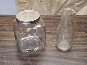 lot 103 image: Vintage Square Jar and 1976 Milk Bottle