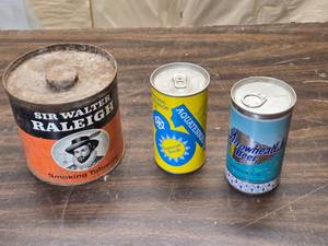 lot 113 image: Sir Walter Raleigh Tobacco Tin, Arrowhead Beer Can and an Aquatennial Beer Can