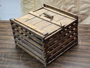lot 121 image: Antique Wooden Slat Chicken Coop Cage with Handle