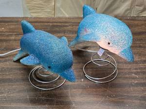 lot 122 image: Pair of Illuminated Blue Dolphin Figurine Lamps on Spring Stands - One is Missing Light Fixture