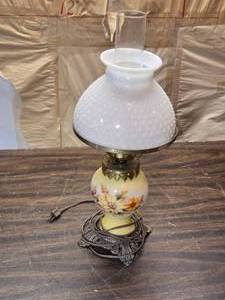lot 124 image: Vintage Milk Glass Hurricane Lamp with Floral Painted Base