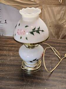 lot 126 image: Vintage White Milk Glass Hurricane Lamp with Floral Design