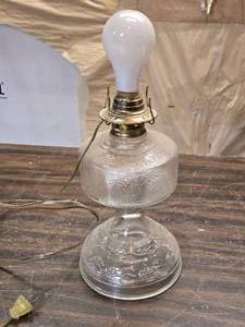 lot 127 image: Vintage Clear Pressed Glass Oil Lamp Converted to Electric Lamp with Brass Fittings