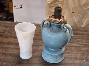 lot 136 image: Milk Glass Vase and Ceramic Lamp