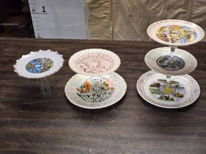 lot 140 image: Set of 3 DIY Tiered Serving Platters Using Collectable Plates from Various States - One needs to be re-glued