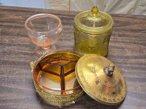 lot 151 image: Vintage Glass and Brass Dishware - Pink, Amber, and Yellow