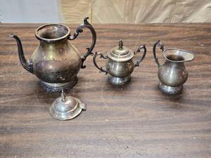 lot 152 image: Vintage National Silver on Copper Tea, Cream and Sugar Set