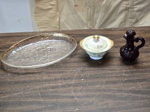 lot 155 image: Glass Serving Tray, Avon Cruet, Made in Japan Sugar Bowl