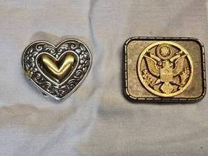lot 172 image: Lot of 2 Belt Buckles, Heart Shape and Military Design