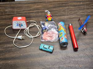 lot 184 image: Chipmunks Alarm Clark, Bugs Bunny Car, Kaleidoscope, Plastic Helicopter, Small Metal Car