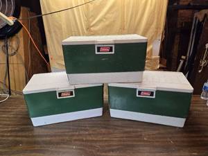 lot 196 image: Lot of 3 Vintage Green Coleman Coolers - One has cracked plastic - See pics for condition