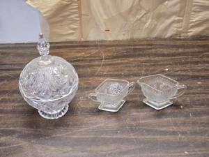 lot 219 image: Crystal Candy Dish with Cut Glass, Cream and Sugar Servers