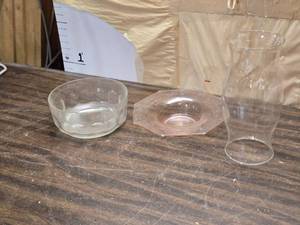 lot 220 image: 2 Glass Bowls and Super Large Oil Lamp Chimney