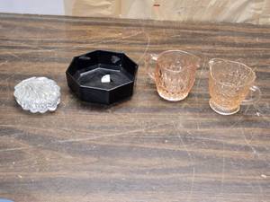 lot 223 image: Seashell Crystal Covered Dish, Depression Glass Sugar and Cream Servers, Dark Glass Bowl