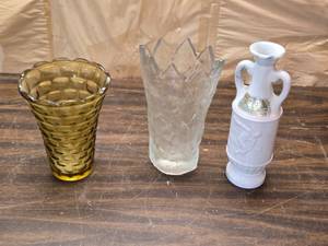 lot 224 image: Green Glass Vase, Crystal Vase, Milk Glass McGill Whiskey Bottle