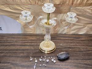 lot 225 image: 3 Candle Crystal and Metal Candelabra with Ash Tray Midway - Has Crystals to Hang from the Candle Holders, Not all are There