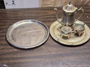 lot 241 image: Silver Plate Tea Pot, Cream and Sugar Servers, Trays
