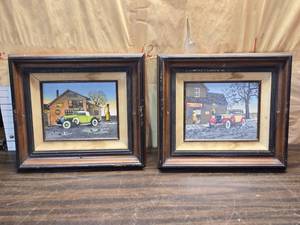 lot 249 image: Pair of Framed Vintage Car Garage Silkscreen Prints