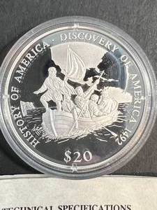 2000 $20 DISCOVERY OF AMERICA LIBERIAN SILVER ROUND IN AIRTITE