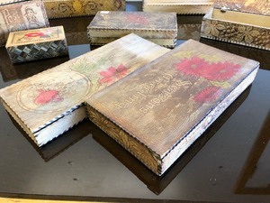 lot 137 image: Very Nice Collection of Antique Folk Art Pyrography Decorated Wood Boxes