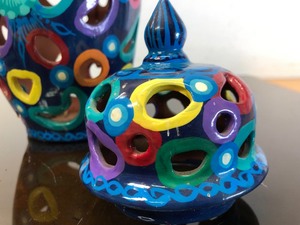 lot 209 image: Vintage Hand Painted Pierced Art Pottery Colorful Lantern