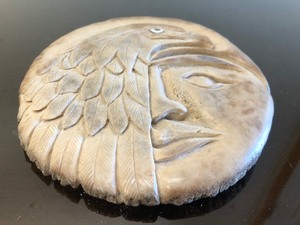 lot 265 image: Wonderful Carved Signed Folk Art Alaskan Carved Whale Bone by Jim Bell - Eagle & Mans Face