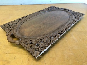 lot 243 image: Ornately Hand Carved 2-Handled Kashmir Walnut Serving Tray