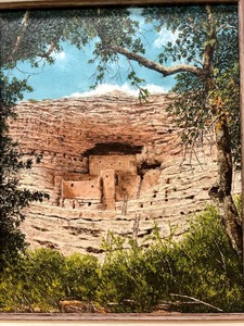 lot 284 image: Excellent Vintage Framed Signed Oil on Canvas Painting Montezuma Cliff Castle Arizona