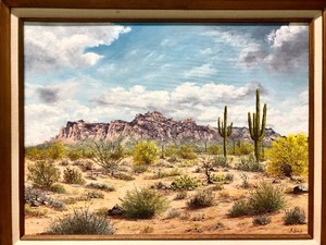 lot 285 image: Excellent Vintage Framed Signed Oil on Canvas Painting Arizona Desert Mountains