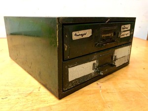 lot 298 image: Vintage Industrial Steel 2-Drawer UNION Parts Cabinet #1