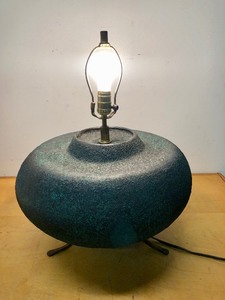 lot 295 image: LARGE Textured Bulbous Green Metal Table Lamp