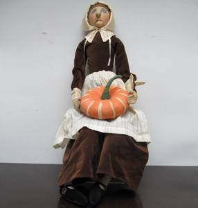 lot 35 image: 30 Thanksgiving Prudence Pilgrim Holding Pumpkin Plush Figure by Joe spencer - Gathered Traditions