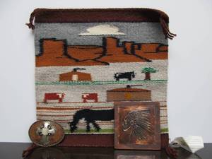 lot 51 image: Very Cool Vintage Hand Knotted Native American Small Pictorial Rug - Signed Belt Buckle & Copper Artwork