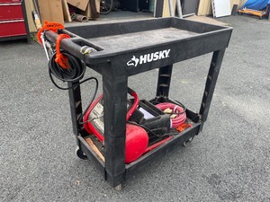 lot 8 image: Rolling HUSKY ShopTool Cart wHusky Trim-Plus 3 Gallon Air Compressor