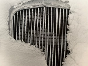 lot 96 image: LARGE Original Vintage Art Photograph on Board - Fancy Car Covered in Snow