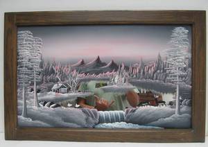 lot 449 image: Vintage Original J Overbeek Lakeside Langscape Painting On Mirror Signed 34