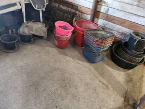 lot 40 image: (4) Straight Back Buckets, (2) Muck Buckets, (7) Feeders, (3) Stall Feeders, (6) Pails