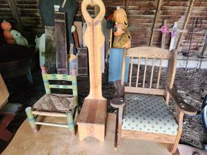 lot 83 image: Childrens Rocking Chair, Wicker Chair and Step Stool