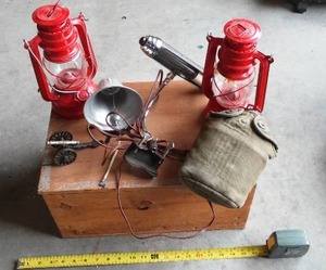 lot 362 image: Canteen, Bell,  Oil Lights (2), Cast Iron Toy Canon and More.