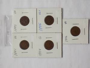 1891, 1893, 1894, 1895 1887 Indian Cent, Circulated