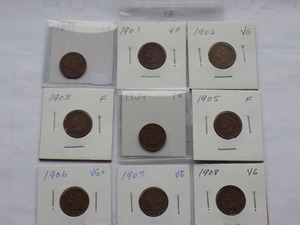 1893,1901,1902, 1903, 1904, 1905, 1906, 1907  Indian Cent, Circulated