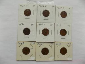 Lincoln Penny - 1927d, 1926d, 1925d, 1920,1919s, 1918 1912, 1911,1910