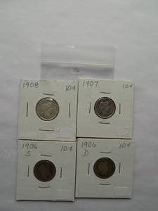 1908, 1907, 1906-S, 1906 Barber dime